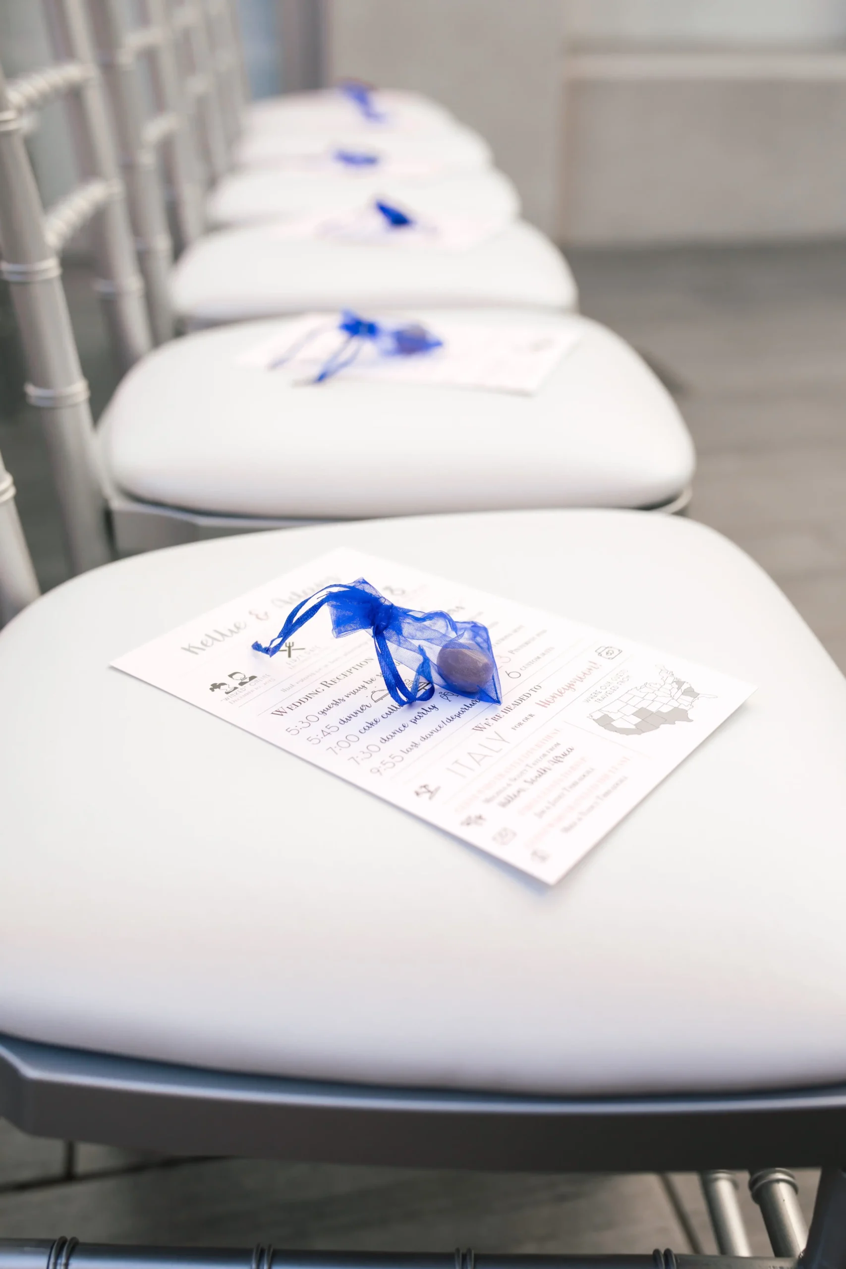 Stones placed on chairs for a wedding stone blessing ceremony