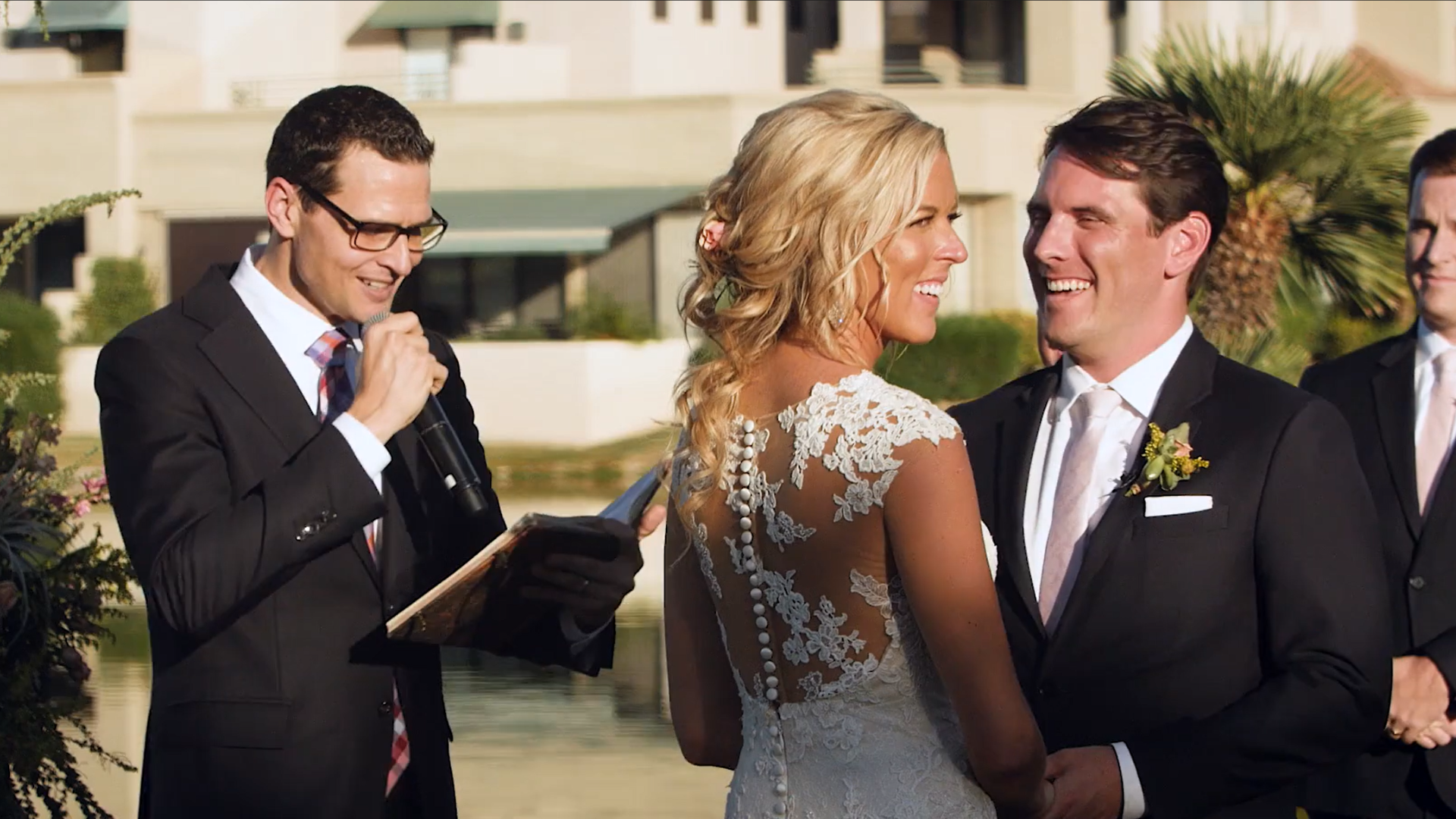 Wedding officiant and couple during a ceremony