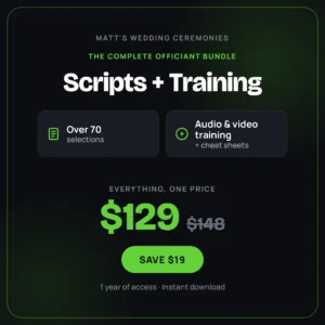 Wedding ceremony scripts and officiant video training bundle, over 70 selections plus cheat sheets, $129